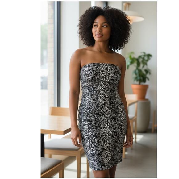 Norma Kamali Strapless Mini Tube Dress Leopard Size Large Neutral Glam Sexy - Picture 1 of 11